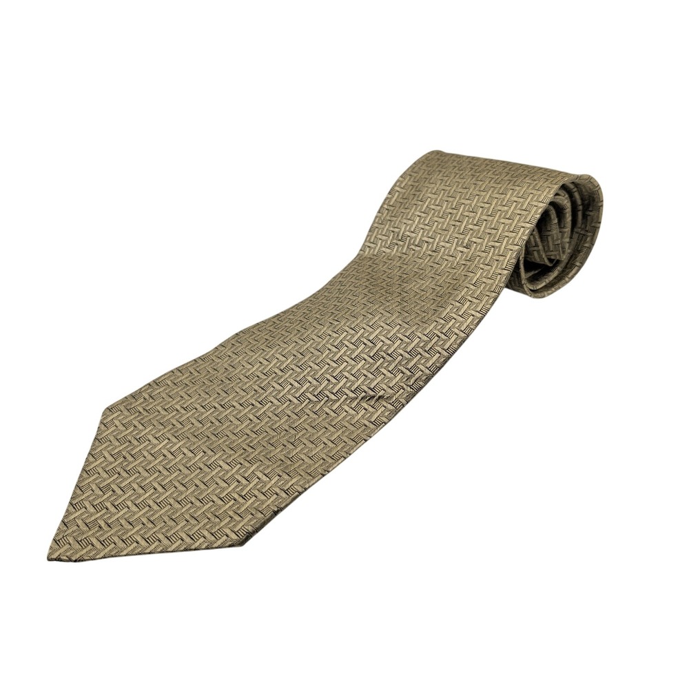 Hickey Freeman Tie Mens Gold Silk Geometric Basketweave Hand Folded USA Made